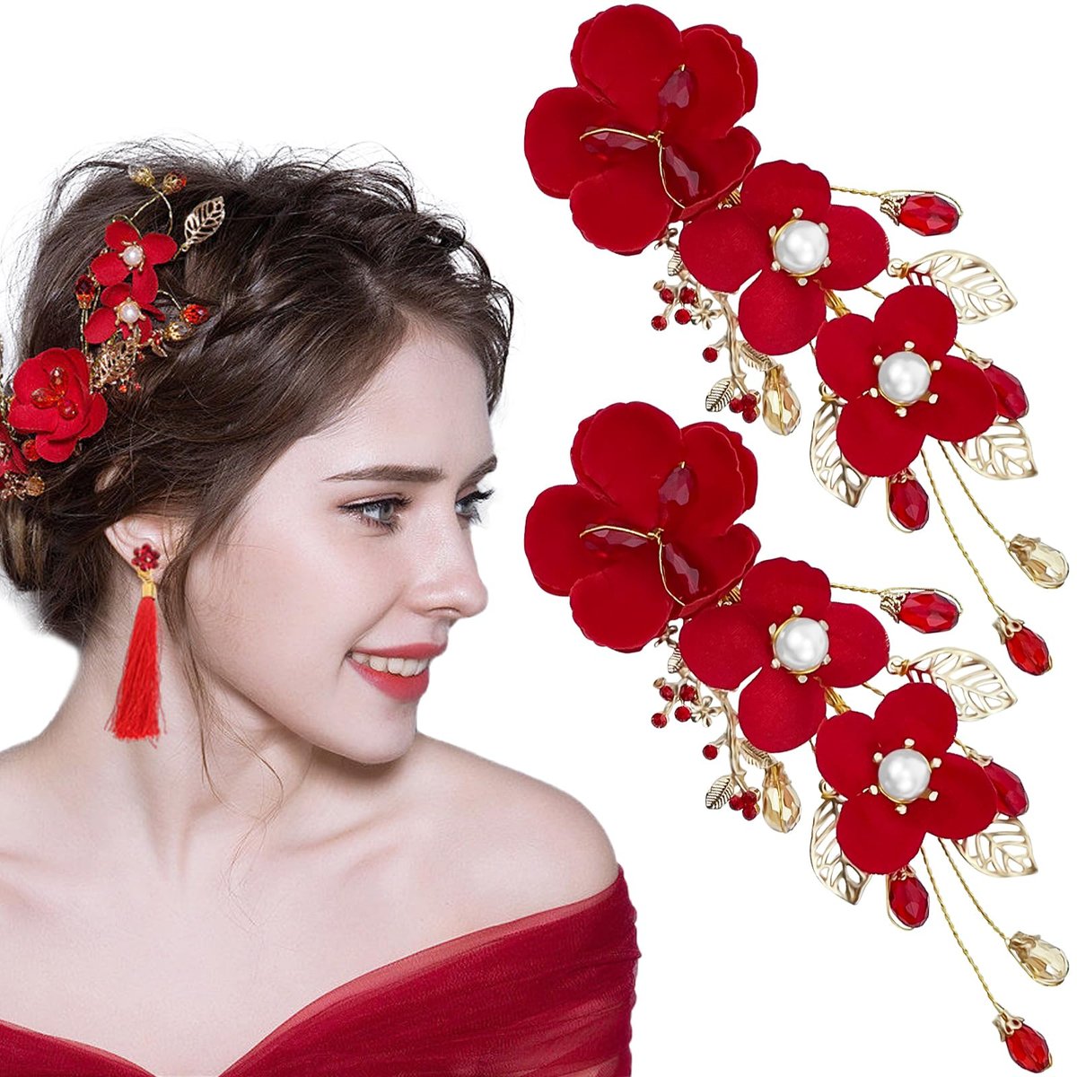 2 Pack Red Rose Floral Hair Clips - Crystal Pearl Flower Bridal Hairpins for Women Girls Wedding Prom Party - görsel 1