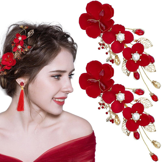 2 Pack Red Rose Floral Hair Clips - Crystal Pearl Flower Bridal Hairpins for Women Girls Wedding Prom Party