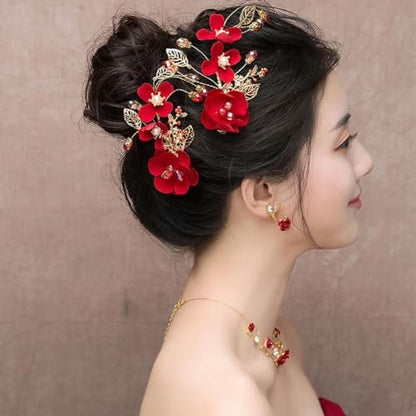 2 Pack Red Rose Floral Hair Clips - Crystal Pearl Flower Bridal Hairpins for Women Girls Wedding Prom Party