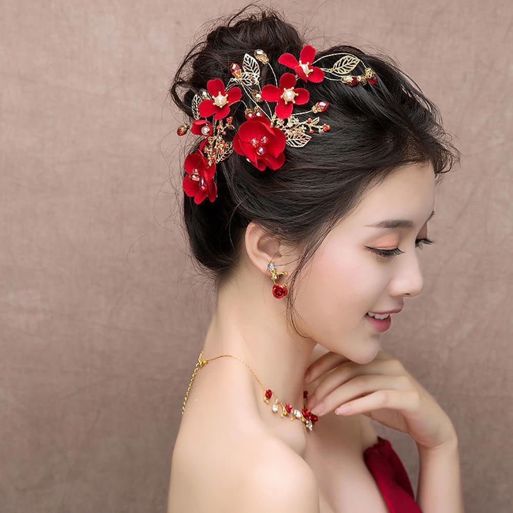 2 Pack Red Rose Floral Hair Clips - Crystal Pearl Flower Bridal Hairpins for Women Girls Wedding Prom Party - görsel 13