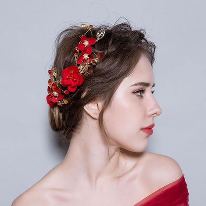 2 Pack Red Rose Floral Hair Clips - Crystal Pearl Flower Bridal Hairpins for Women Girls Wedding Prom Party