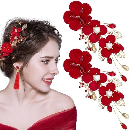 2 Pack Red Rose Floral Hair Clips - Crystal Pearl Flower Bridal Hairpins for Women Girls Wedding Prom Party - görsel 2