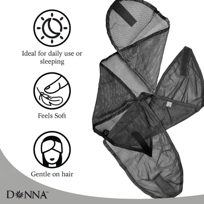 DONNA Satin Wrap & Mesh Wrap 2-Piece Set – Breathable Mesh Head and Satin Cap for Pixie Cut, Short Hair, and Everyday Styling (Black, One Size)
