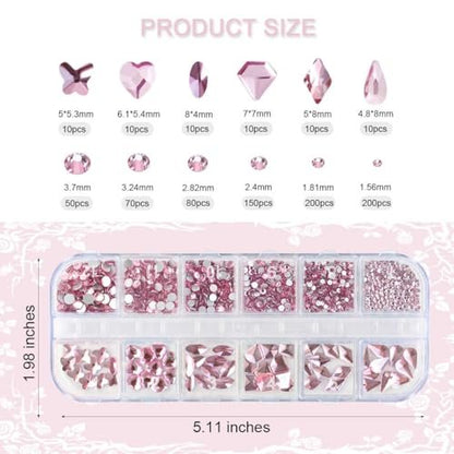 810 Pieces Multi Shapes Nail Rhinestones - Pink Glass Crystal Gems for Nail Art and DIY Crafts