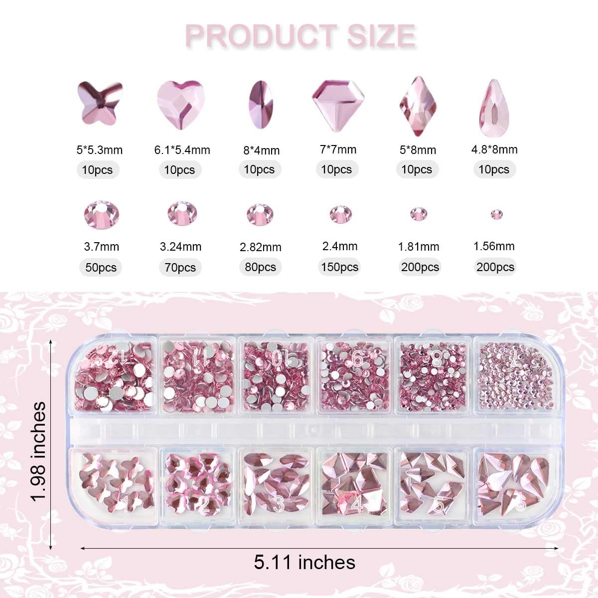 810 Pieces Multi Shapes Nail Rhinestones - Pink Glass Crystal Gems for Nail Art and DIY Crafts - görsel 3