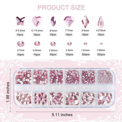 810 Pieces Multi Shapes Nail Rhinestones - Pink Glass Crystal Gems for Nail Art and DIY Crafts