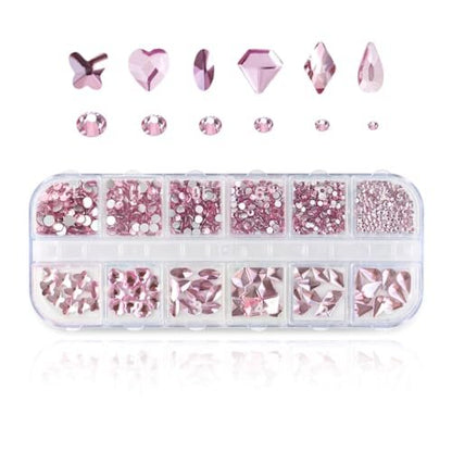 810 Pieces Multi Shapes Nail Rhinestones - Pink Glass Crystal Gems for Nail Art and DIY Crafts