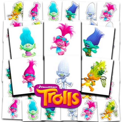DreamWorks Trolls Temporary Tattoos for Kids – 72 Count Party Favors Bundle, 2x2 Inch Perforated Individual Tattoos - görsel 1