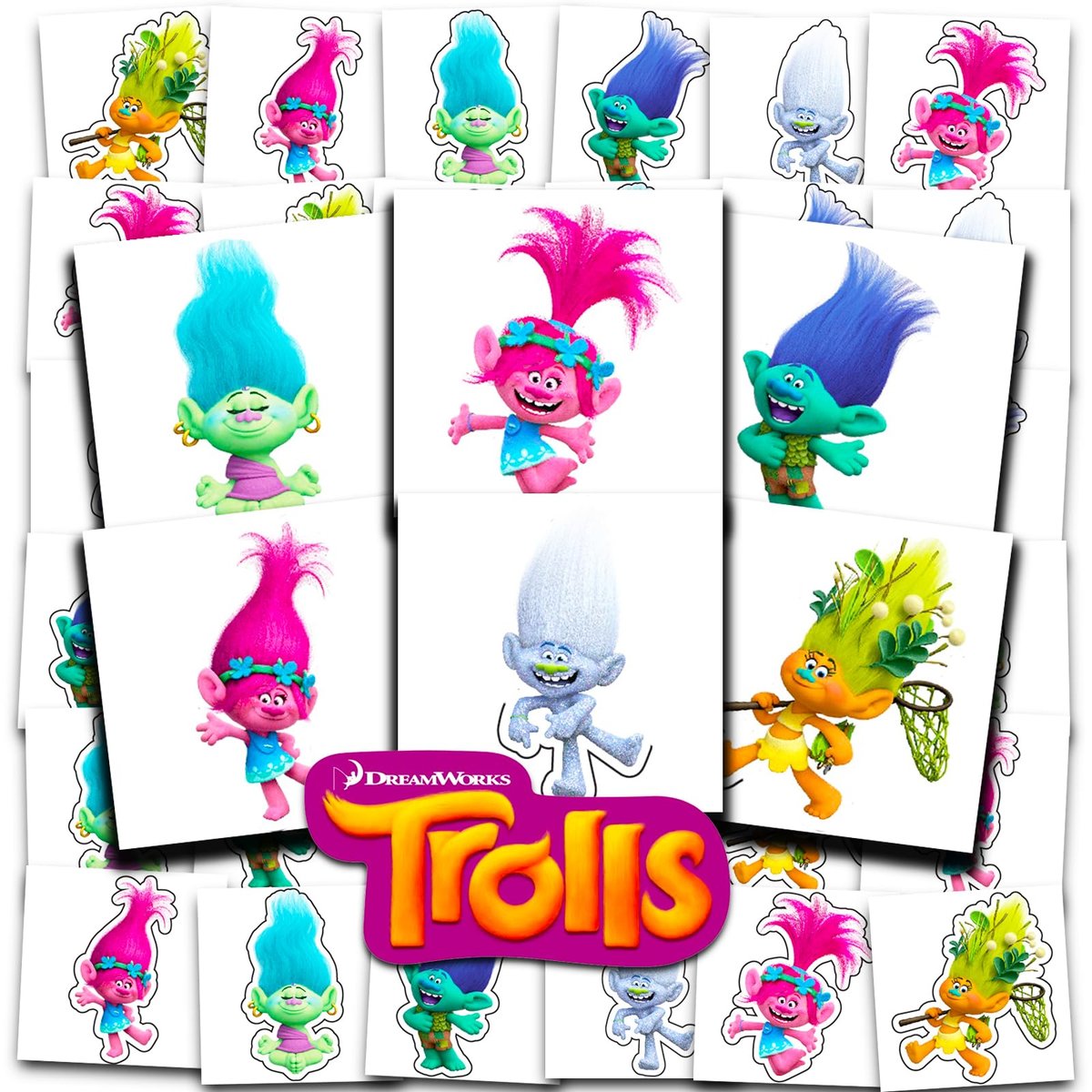 DreamWorks Trolls Temporary Tattoos for Kids – 72 Count Party Favors Bundle, 2x2 Inch Perforated Individual Tattoos - görsel 2