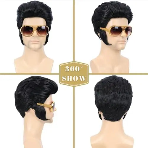 Bettecos 4pcs Set 50s Rock Wig with Sunglasses and Necklace for Men - Adult Rocker Costume Wigs for Cosplay Halloween Party Avelisse