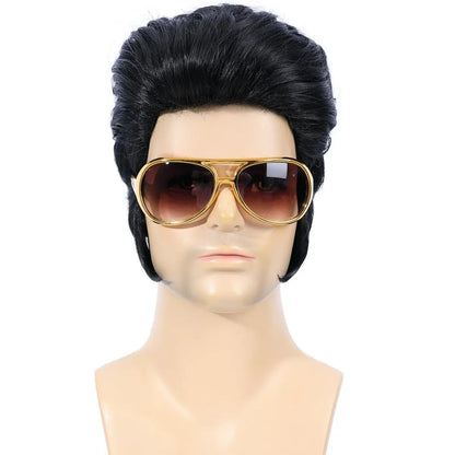 Bettecos 4pcs Set 50s Rock Wig with Sunglasses and Necklace for Men - Adult Rocker Costume Wigs for Cosplay Halloween Party Avelisse