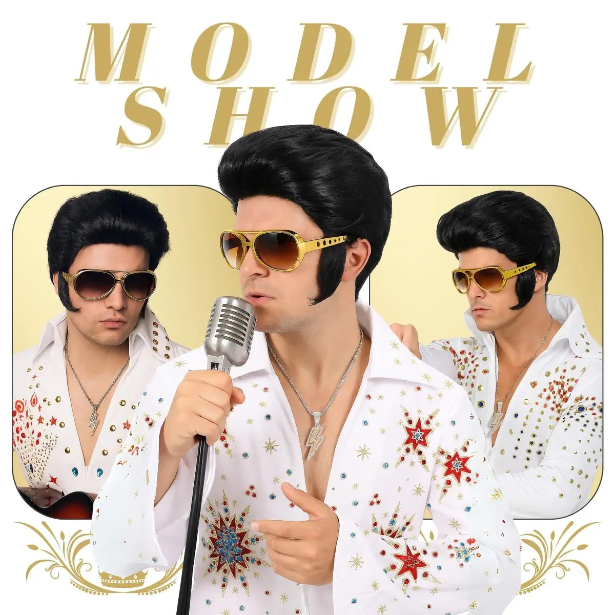 Bettecos 4pcs Set 50s Rock Wig with Sunglasses and Necklace for Men - Adult Rocker Costume Wigs for Cosplay Halloween Party Avelisse