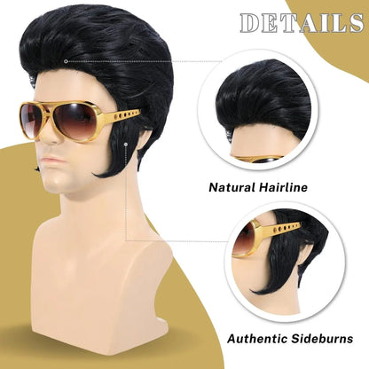Bettecos 4pcs Set 50s Rock Wig with Sunglasses and Necklace for Men - Adult Rocker Costume Wigs for Cosplay Halloween Party Avelisse