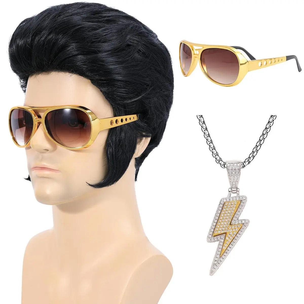 Bettecos 4pcs Set 50s Rock Wig with Sunglasses and Necklace for Men - Adult Rocker Costume Wigs for Cosplay Halloween Party Avelisse