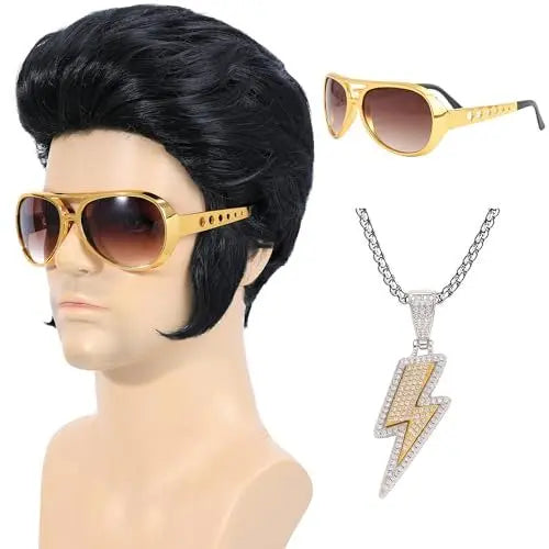 Bettecos 4pcs Set 50s Rock Wig with Sunglasses and Necklace for Men - Adult Rocker Costume Wigs for Cosplay Halloween Party Avelisse