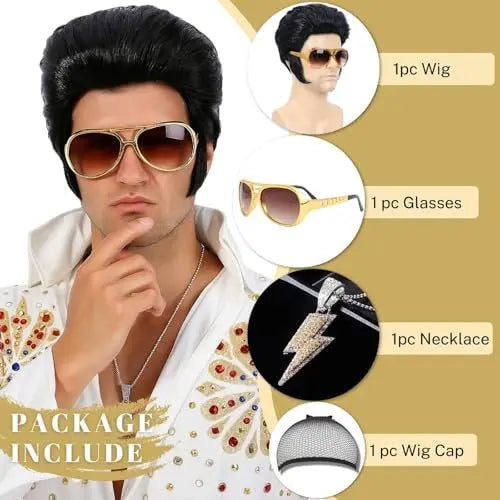 Bettecos 4pcs Set 50s Rock Wig with Sunglasses and Necklace for Men - Adult Rocker Costume Wigs for Cosplay Halloween Party Avelisse