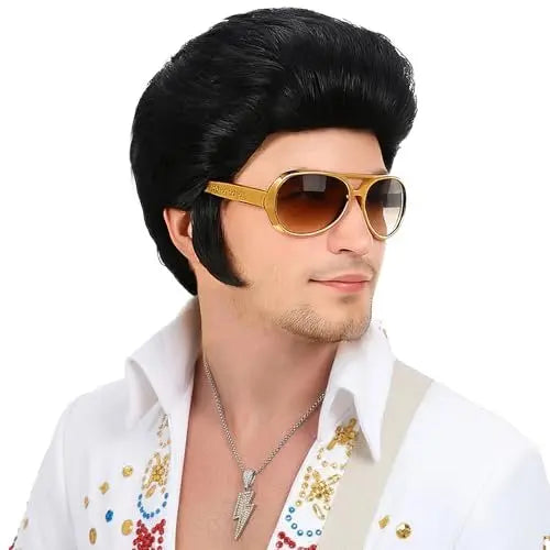 Bettecos 4pcs Set 50s Rock Wig with Sunglasses and Necklace for Men - Adult Rocker Costume Wigs for Cosplay Halloween Party Avelisse