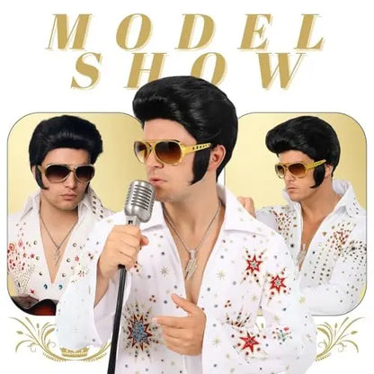 Bettecos 4pcs Set 50s Rock Wig with Sunglasses and Necklace for Men - Adult Rocker Costume Wigs for Cosplay Halloween Party Avelisse