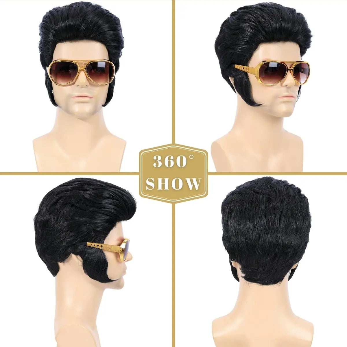 Bettecos 4pcs Set 50s Rock Wig with Sunglasses and Necklace for Men - Adult Rocker Costume Wigs for Cosplay Halloween Party Avelisse