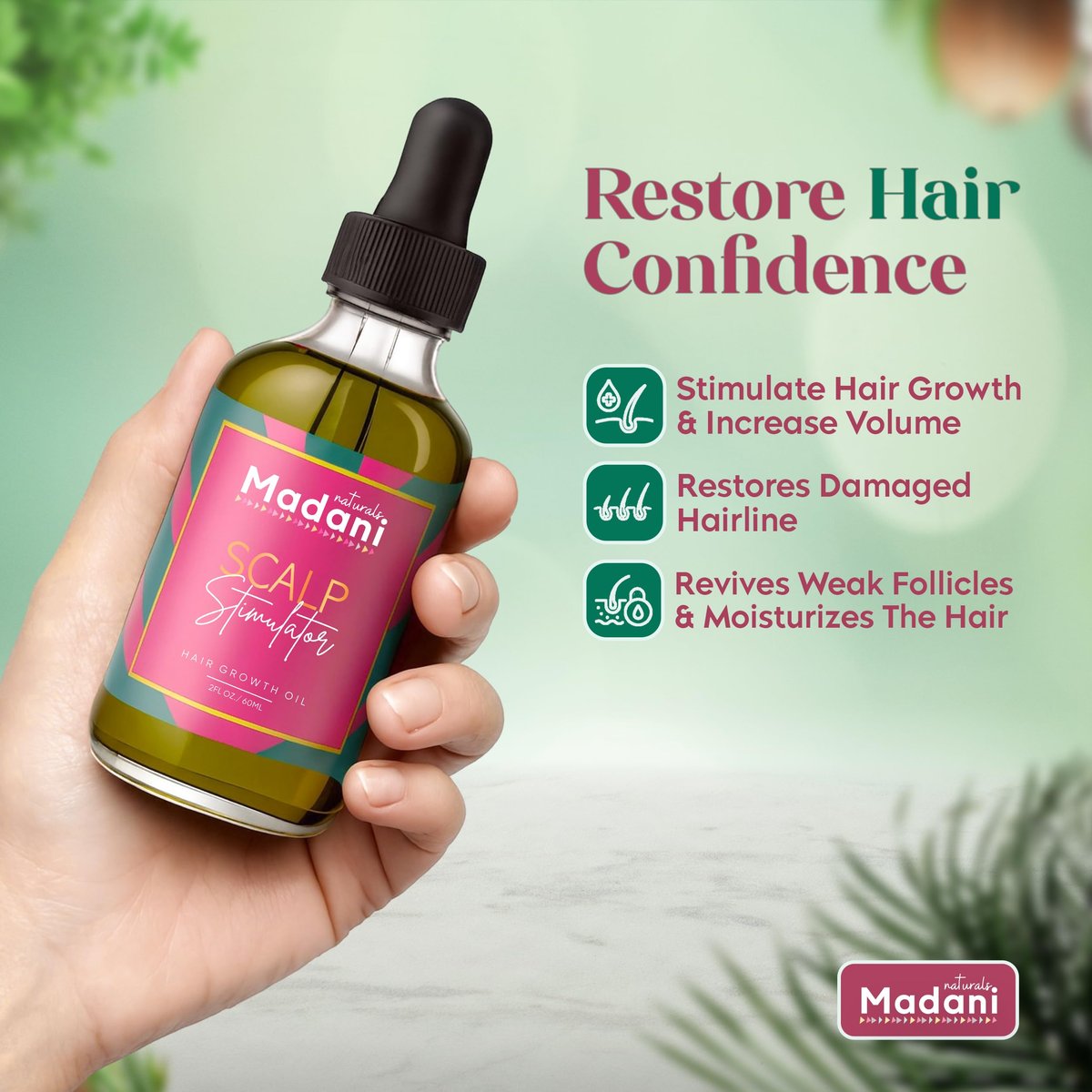 Madani Naturals Scalp Stimulator Hair Growth Oil with Rosemary Oil & Mint - Hair Loss Treatment for Split Ends and Dry Scalp, Strengthen Hair, 2 Fl Oz Avelisse