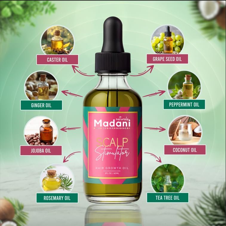 Madani Naturals Scalp Stimulator Hair Growth Oil with Rosemary Oil & Mint - Hair Loss Treatment for Split Ends and Dry Scalp, Strengthen Hair, 2 Fl Oz Avelisse