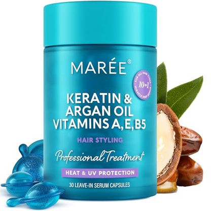 MAREE Hair Serum for Frizzy Dry Hair – Styling Capsules with Keratin, Argan Oil, Vitamins A E B5 – UV & Heat Protectant Frizz Control Serum for Women – Aceite Para el Cabello Treatment Avelisse