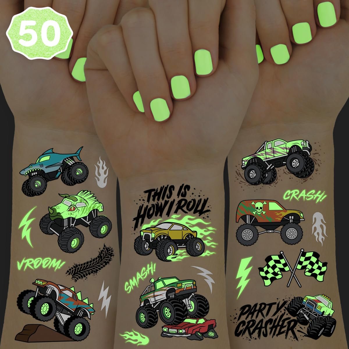 xo, Fetti Glow In The Dark Monster Truck Temporary Tattoos - 50 Foil Styles for Kids Birthday Party Favors & Arts and Crafts - görsel 1