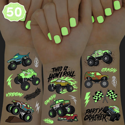 xo, Fetti Glow In The Dark Monster Truck Temporary Tattoos - 50 Foil Styles for Kids Birthday Party Favors & Arts and Crafts