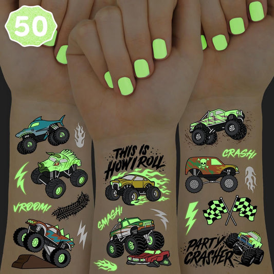 xo, Fetti Glow In The Dark Monster Truck Temporary Tattoos - 50 Foil Styles for Kids Birthday Party Favors & Arts and Crafts