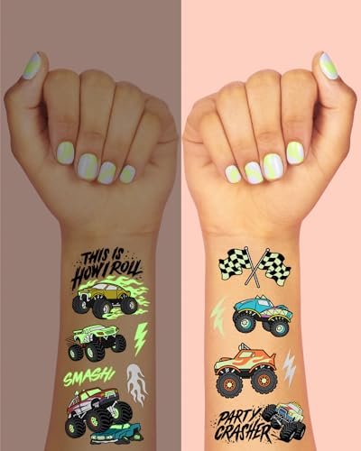 xo, Fetti Glow In The Dark Monster Truck Temporary Tattoos - 50 Foil Styles for Kids Birthday Party Favors & Arts and Crafts - görsel 6