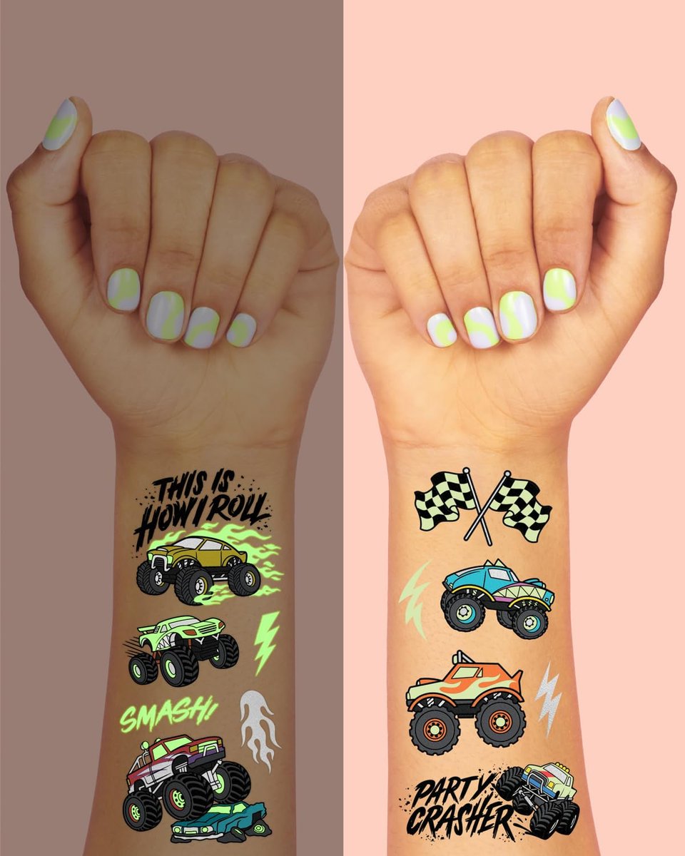 xo, Fetti Glow In The Dark Monster Truck Temporary Tattoos - 50 Foil Styles for Kids Birthday Party Favors & Arts and Crafts - görsel 5