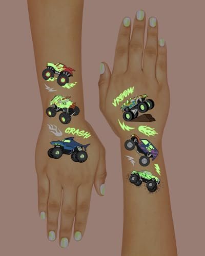 xo, Fetti Glow In The Dark Monster Truck Temporary Tattoos - 50 Foil Styles for Kids Birthday Party Favors & Arts and Crafts - görsel 8