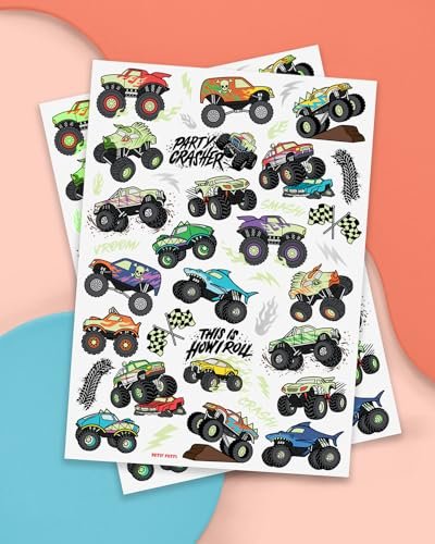 xo, Fetti Glow In The Dark Monster Truck Temporary Tattoos - 50 Foil Styles for Kids Birthday Party Favors & Arts and Crafts - görsel 4