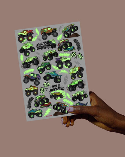 xo, Fetti Glow In The Dark Monster Truck Temporary Tattoos - 50 Foil Styles for Kids Birthday Party Favors & Arts and Crafts