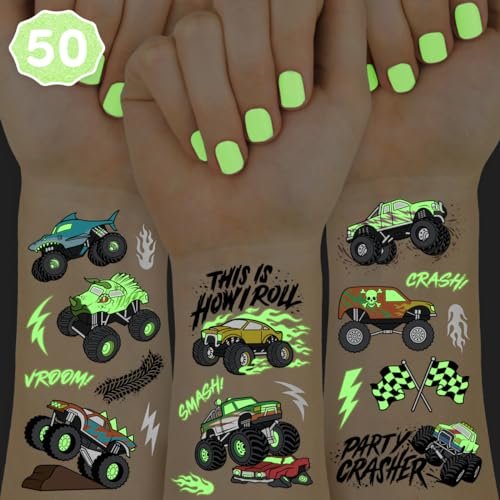 xo, Fetti Glow In The Dark Monster Truck Temporary Tattoos - 50 Foil Styles for Kids Birthday Party Favors & Arts and Crafts - görsel 2