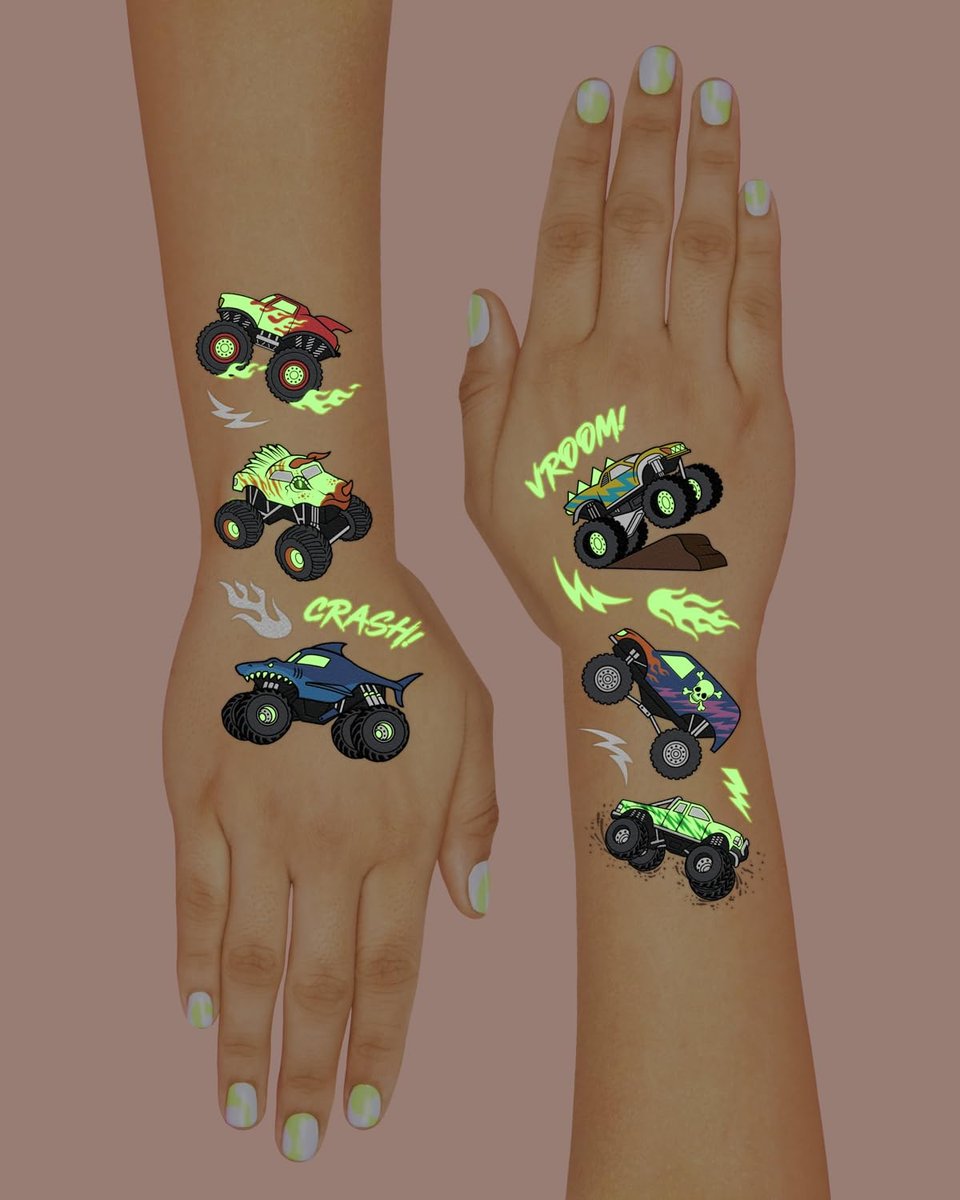 xo, Fetti Glow In The Dark Monster Truck Temporary Tattoos - 50 Foil Styles for Kids Birthday Party Favors & Arts and Crafts - görsel 7
