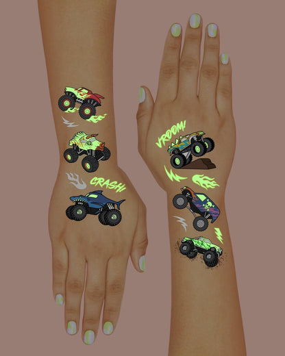 xo, Fetti Glow In The Dark Monster Truck Temporary Tattoos - 50 Foil Styles for Kids Birthday Party Favors & Arts and Crafts