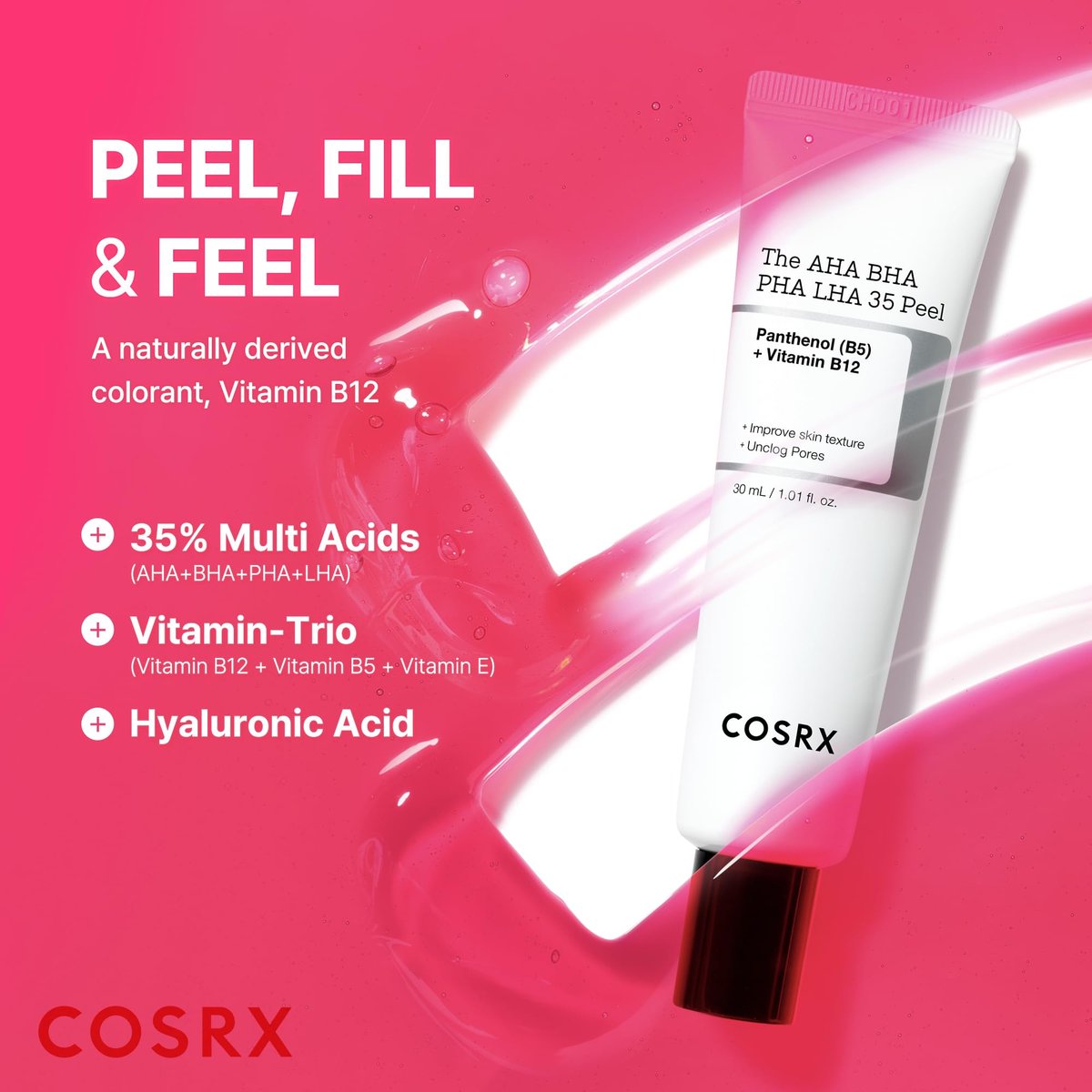COSRX AHA BHA PHA LHA 35% Peel – Chemical Exfoliating Peeling Gel for Dull, Rough, Oily Skin, 1.01 fl. oz / 30 ml Avelisse