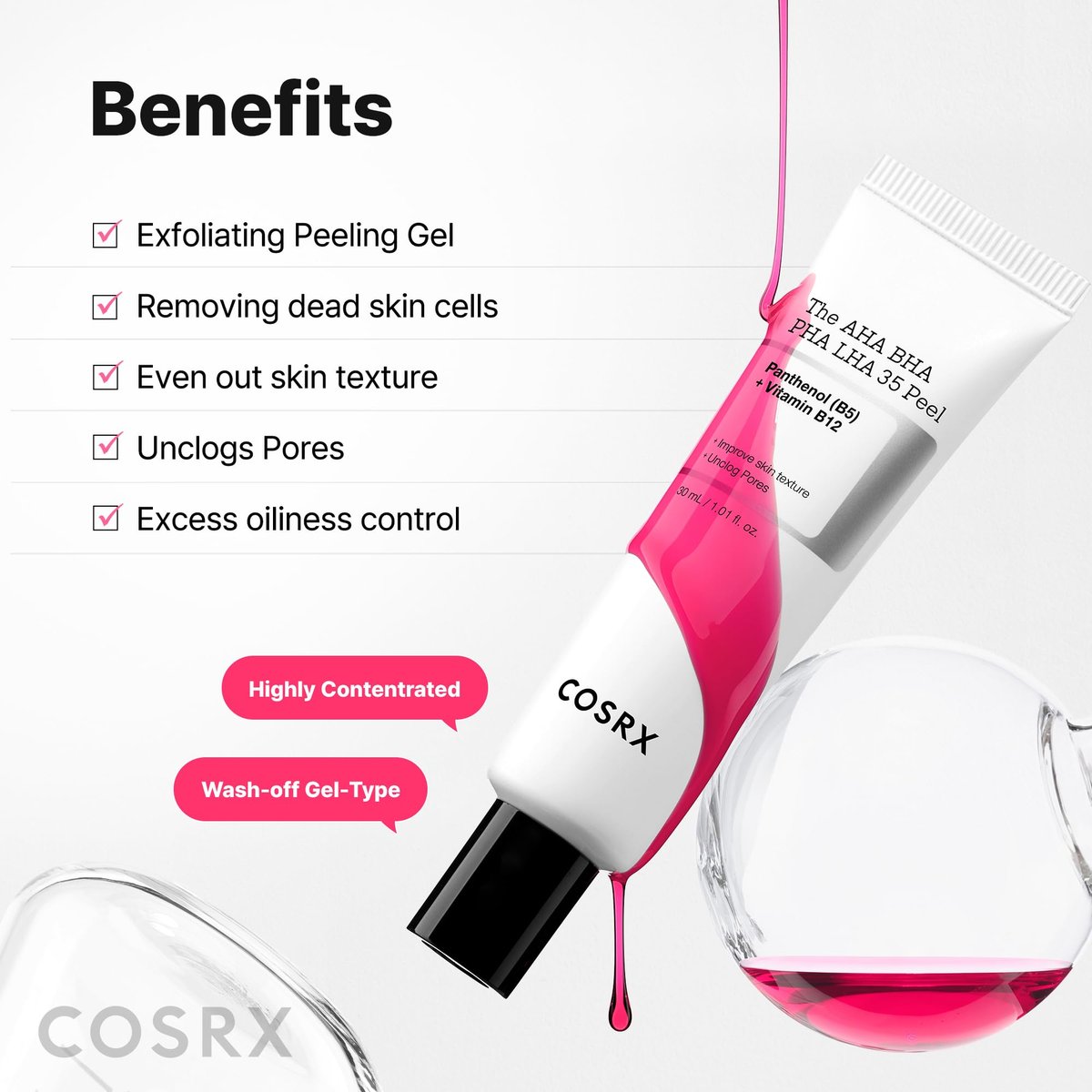 COSRX AHA BHA PHA LHA 35% Peel – Chemical Exfoliating Peeling Gel for Dull, Rough, Oily Skin, 1.01 fl. oz / 30 ml Avelisse