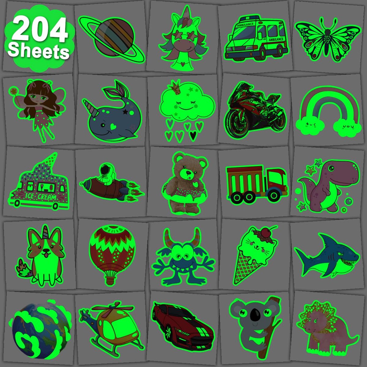 CHARLENT 204 PCS Individually Wrapped Luminous Temporary Tattoos for Kids - Glow in The Dark Fun Tattoos for Boys Girls Birthday Party Favors Goodie Bag Fillers - görsel 1