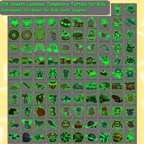 CHARLENT 204 PCS Individually Wrapped Luminous Temporary Tattoos for Kids - Glow in The Dark Fun Tattoos for Boys Girls Birthday Party Favors Goodie Bag Fillers - görsel 6