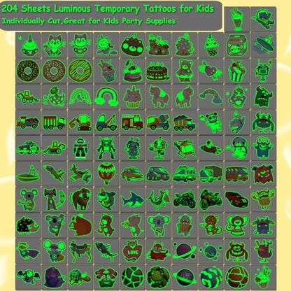 CHARLENT 204 PCS Individually Wrapped Luminous Temporary Tattoos for Kids - Glow in The Dark Fun Tattoos for Boys Girls Birthday Party Favors Goodie Bag Fillers