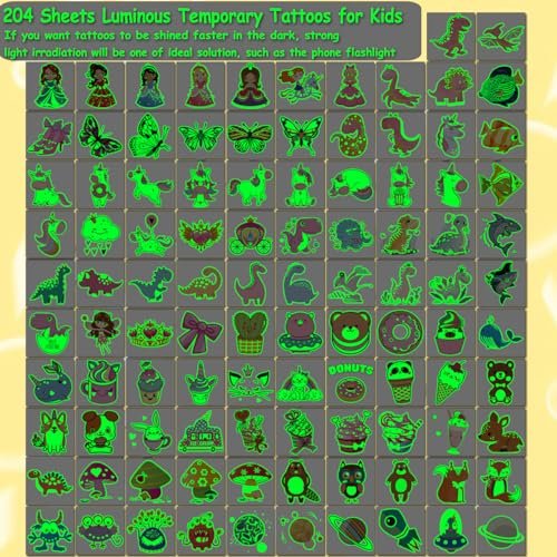 CHARLENT 204 PCS Individually Wrapped Luminous Temporary Tattoos for Kids - Glow in The Dark Fun Tattoos for Boys Girls Birthday Party Favors Goodie Bag Fillers - görsel 4