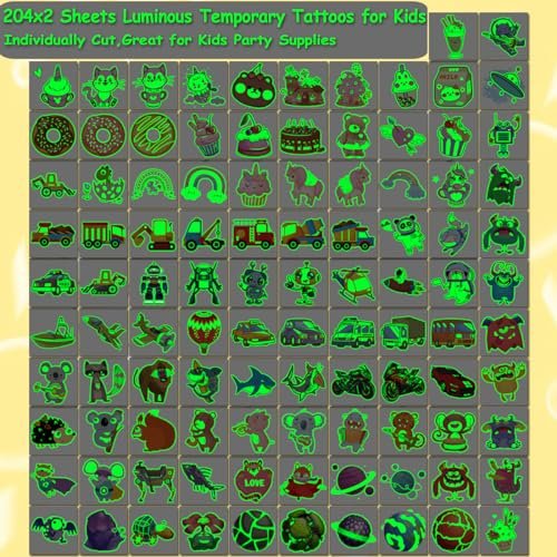 CHARLENT 408 PCS Individually Wrapped Luminous Temporary Tattoos for Kids - Glow in The Dark Mixed Tattoos for Kids Birthday Party Favors Goodie Bag Fillers - görsel 6