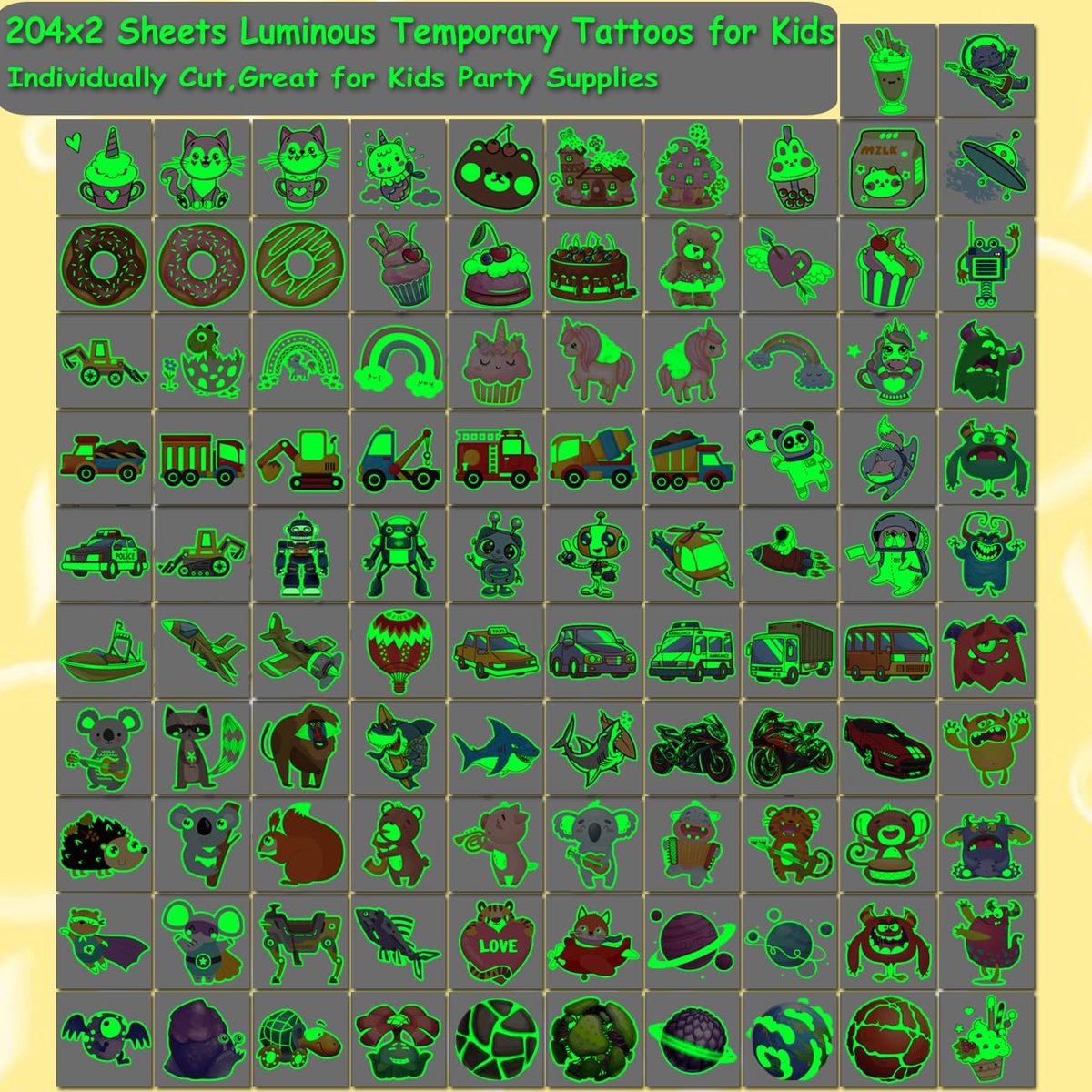 CHARLENT 408 PCS Individually Wrapped Luminous Temporary Tattoos for Kids - Glow in The Dark Mixed Tattoos for Kids Birthday Party Favors Goodie Bag Fillers - görsel 5