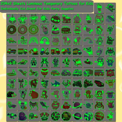 CHARLENT 408 PCS Individually Wrapped Luminous Temporary Tattoos for Kids - Glow in The Dark Mixed Tattoos for Kids Birthday Party Favors Goodie Bag Fillers