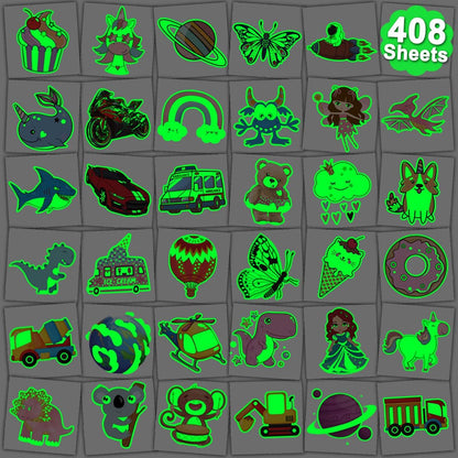 CHARLENT 408 PCS Individually Wrapped Luminous Temporary Tattoos for Kids - Glow in The Dark Mixed Tattoos for Kids Birthday Party Favors Goodie Bag Fillers