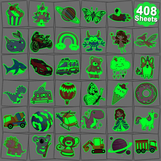 CHARLENT 408 PCS Individually Wrapped Luminous Temporary Tattoos for Kids - Glow in The Dark Mixed Tattoos for Kids Birthday Party Favors Goodie Bag Fillers
