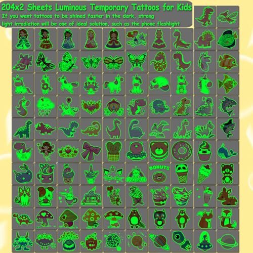 CHARLENT 408 PCS Individually Wrapped Luminous Temporary Tattoos for Kids - Glow in The Dark Mixed Tattoos for Kids Birthday Party Favors Goodie Bag Fillers - görsel 4