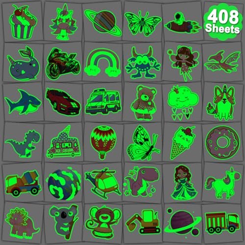 CHARLENT 408 PCS Individually Wrapped Luminous Temporary Tattoos for Kids - Glow in The Dark Mixed Tattoos for Kids Birthday Party Favors Goodie Bag Fillers - görsel 2